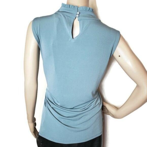Karl Lagerfeld Paris NWT Womens Blue Sleeveless High-Neck Ruched Blouse L - Picture 7 of 10